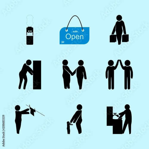 icons about Human with purchase, shopping bags, welcome, drawing and housework