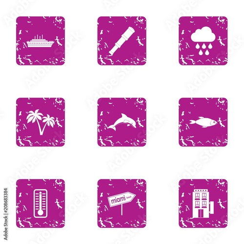 Bathing beach icons set. Grunge set of 9 bathing beach vector icons for web isolated on white background