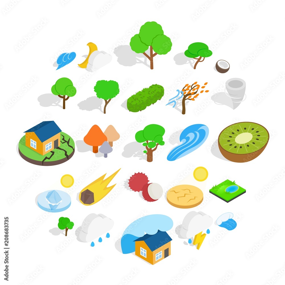Riot of nature icons set. Isometric set of 25 riot of nature vector icons for web isolated on white background