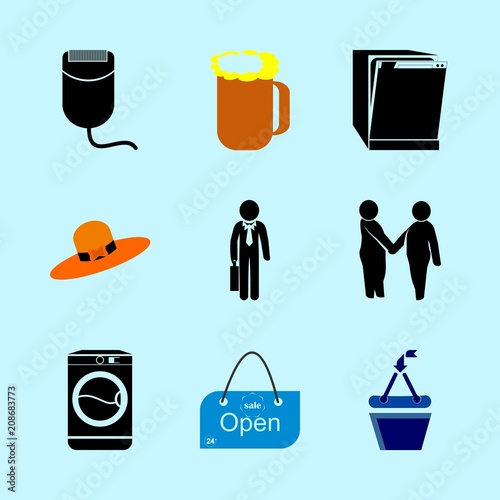 icons about Human with businessman, wash, housework, office and officer