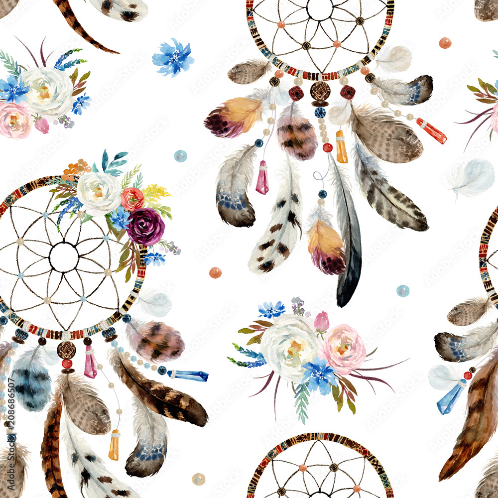 Fototapeta Seamless watercolor ethnic boho floral pattern - dreamcatchers and flowers on white background, Native American tribe decor, tribal navajo isolated illustration bohemian ornament, Indian, Peru, Aztec.
