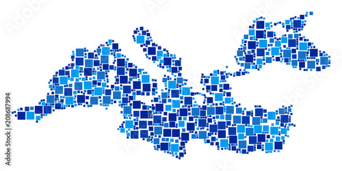 Mediterranean Sea map mosaic of randomized square elements in various sizes and blue color hues. Vector square elements are united into Mediterranean Sea map composition.