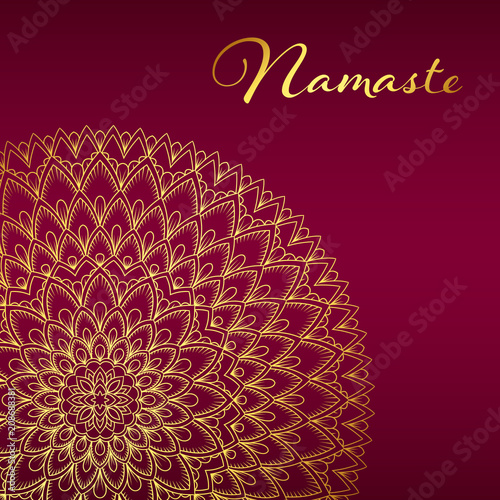 Flyer or brochure template with golden mandala pattern. Yoga classes banner. Hand drawn vector illustration
