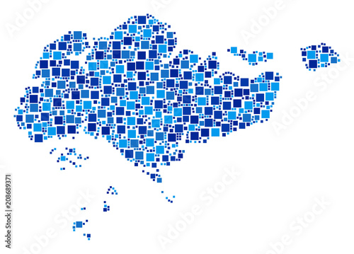 Singapore map mosaic of scattered filled squares in different sizes and blue color hues. Vector square dots are arranged into Singapore map illustration. Abstract geographical plan design concept.