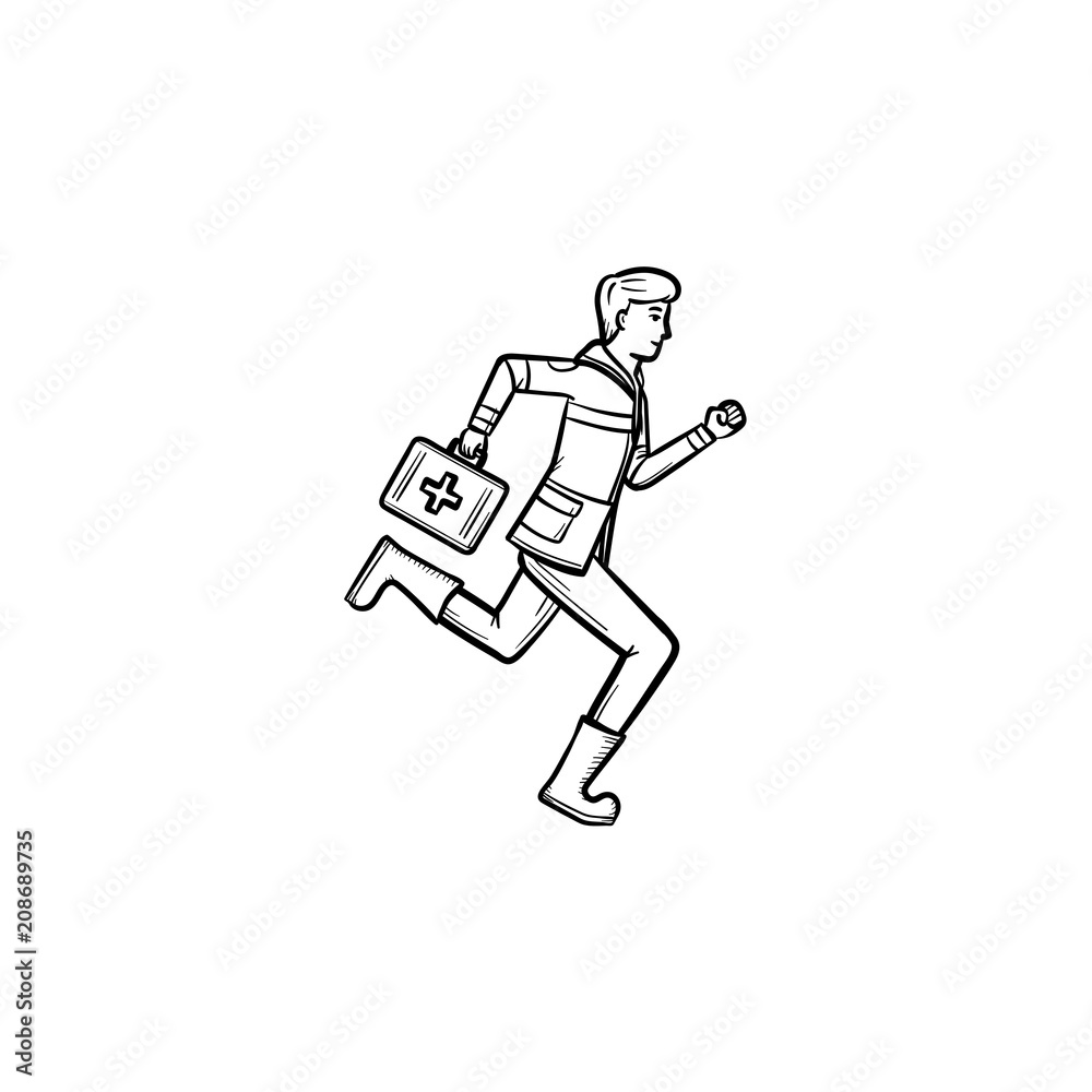 Doctor is running with first aid kit in arm hand drawn outline doodle icon Doctor is running with first aid kit in arm hand drawn outline doodle icon