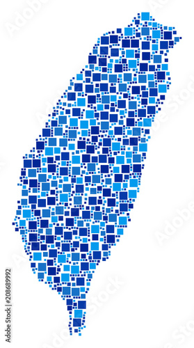 Taiwan Island map mosaic of scattered square elements in variable sizes and blue color tints. Vector filled squares are united into Taiwan Island map illustration. photo