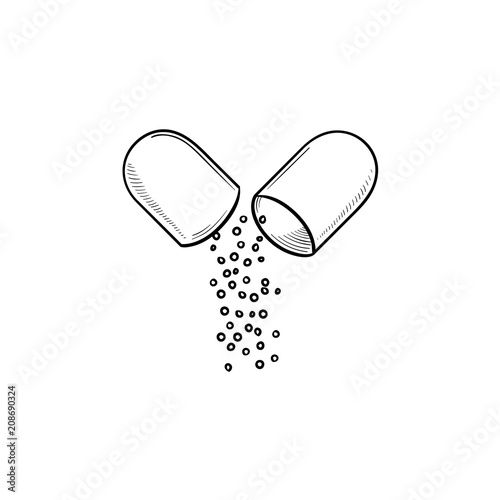 Opened capsule pill hand drawn outline doodle icon. Small balls pouring from an open medical capsule as drug and pharmacy concept. Vector sketch illustration for print, web on white background.