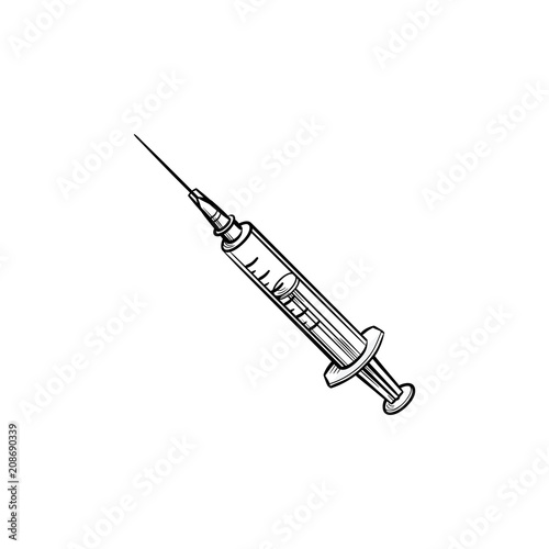 Injection hand drawn outline doodle icon. Syringe vaccine injection as using drugs or antibiotic concept vector sketch illustration for print, mobile and infographics on white background.