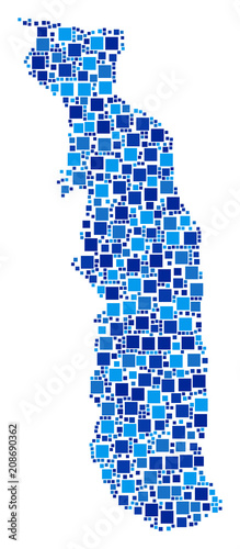 Togo map collage of random dots in various sizes and blue color tones. Vector square elements are united into Togo map collage. Abstract geography scheme design concept.