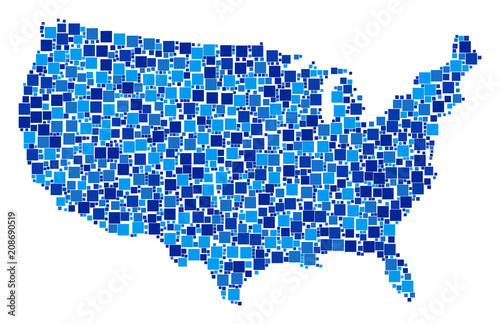 USA map collage of randomized square elements in different sizes and blue color tones. Vector square elements are organized into USA map composition. Abstract geographical scheme vector illustration.