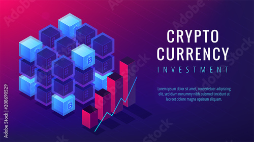 Isometric cryptocurrency investment landing page concept. Online automated BTC trading investment and business oportunity on ultra violet background. Vector 3d isometric illustration. photo