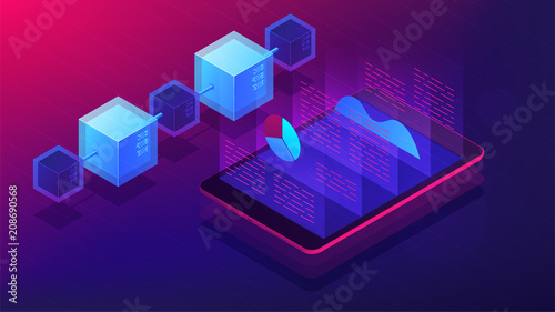 Isometric blockchain white paper and ICO analysis concept. ICO analysis framework, global cryptocurrency market illustration on ultra violet background. Vector 3d isometric illustration.