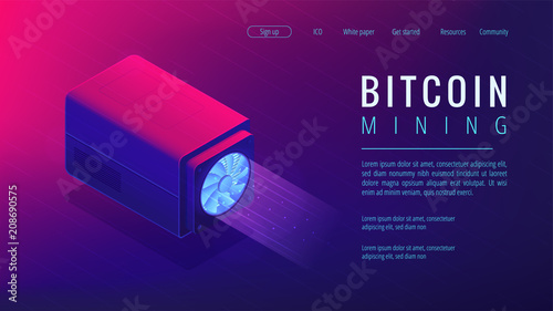Isometric bitcoin mining landing page concept. Mining crypto currency, video card server farm, data processing unit equipment on ultra violet background. Vector 3d isometric illustration.