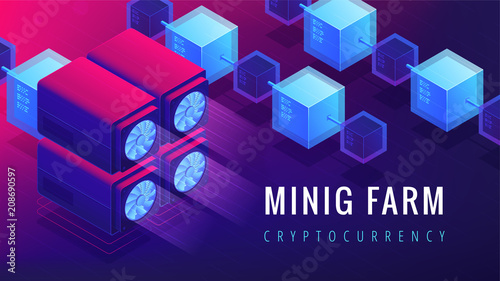 Isometric mining farm landing page concept. GPU mining farm, cryptocurrency mining concept. Blockchain server network on ultra violet background. Vector 3d isometric illustration.