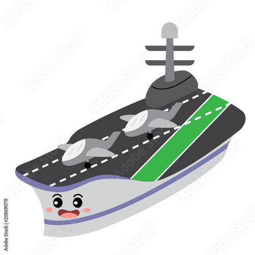 Aircraft Carrier transportation cartoon character perspective view isolated on white background vector illustration.