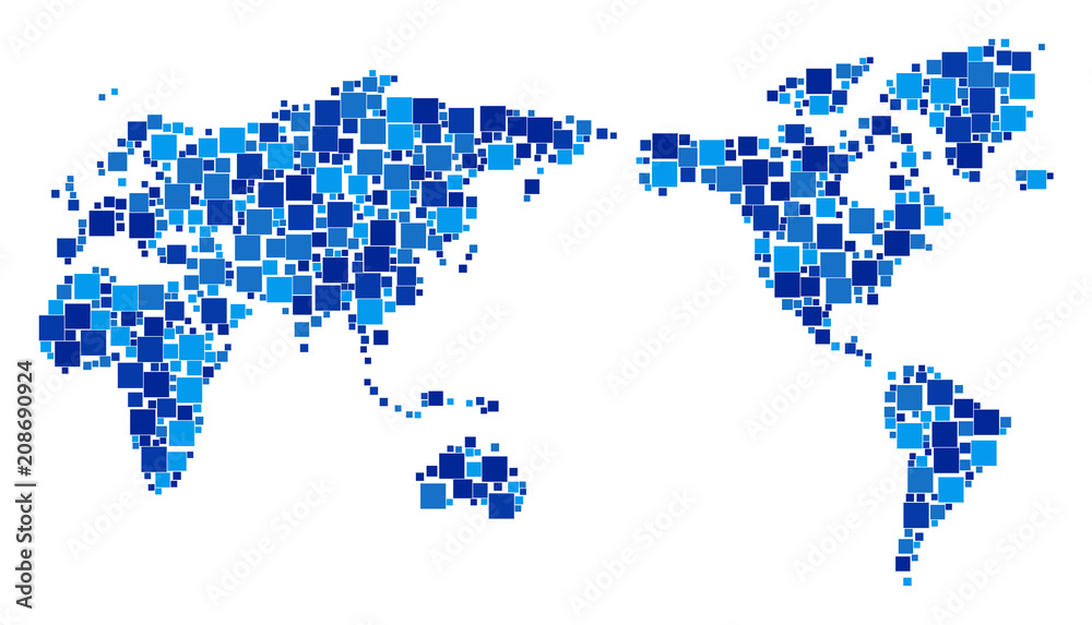 World map mosaic of scattered dots in variable sizes and blue color ...