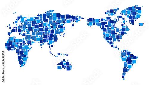 World map mosaic of scattered dots in variable sizes and blue color tints. Vector square dots are united into world map illustration. Abstract geography plan design concept.