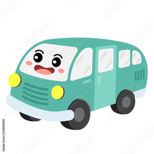 Van transportation cartoon character perspective view isolated on white background vector illustration.