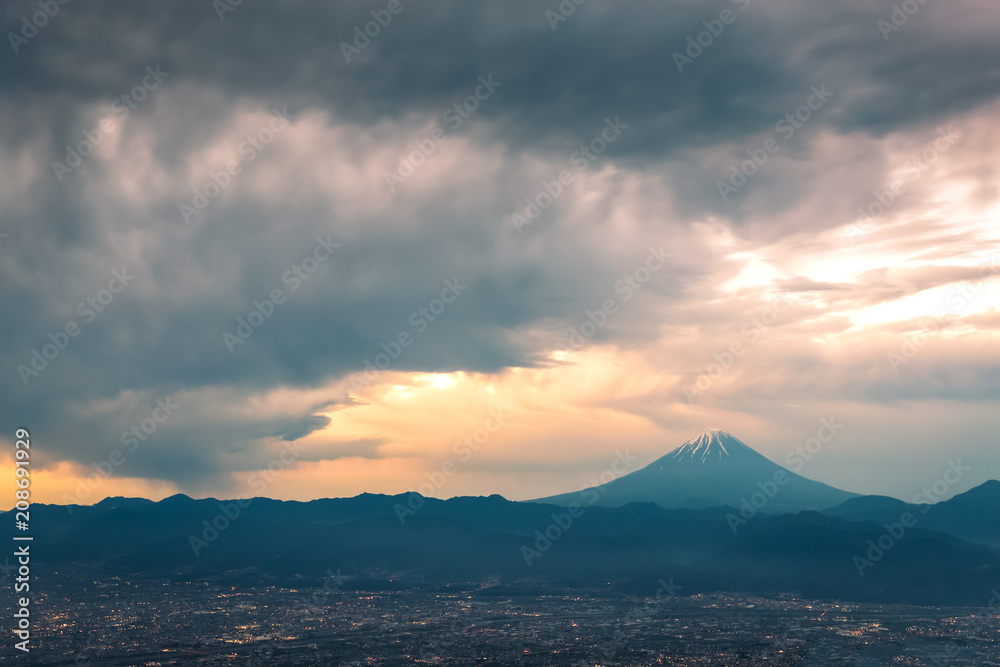 Mountain Fuji with rain cloudy in early morning Mountain Fuji with rain cloudy in early morning