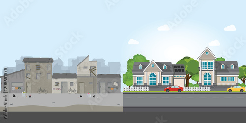 Luxury house and slum, gap between poverty and richness.