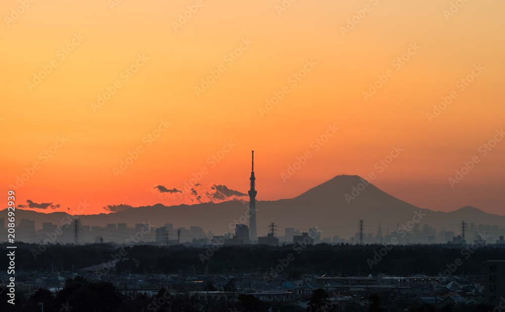 Beautiful Tokyo sunset cityscape ,  Tokyo Skytree landmark and Mountian Fuji in winter sunset