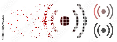 Vector Wi-Fi source icon in sparkle, pixelated halftone with red to black horizontal gradient and undamaged entire versions. Disintegration effect involves rectangle dots.