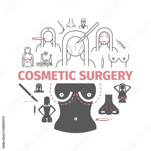 Cosmetic surgery banner. Elements of infographics. Breast augmentation signs. Vector symbols