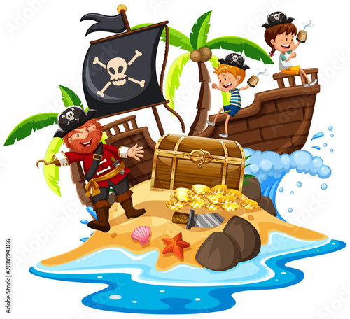 Pirate and Happy Kids at Island