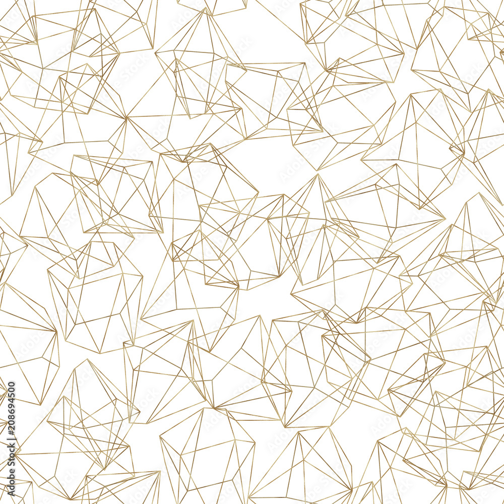 Seamless geometric pattern on white background. Abstract gold polygonal geometric shapes / crystals, golden glitter triangles, geometric, diamond shapes. Seamless geometric pattern on white background. Abstract gold polygonal geometric shapes / crystals, golden glitter triangles, geometric, diamond shapes.