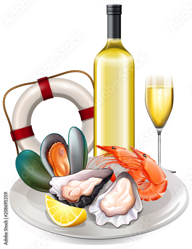 Meal of seafood with white wine photo