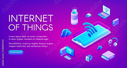 Internet of things vector illustration of smart devices communication in Wi-Fi wireless network technology. IOT in smartphone, digital data cloud and computer laptop on ultra violet background