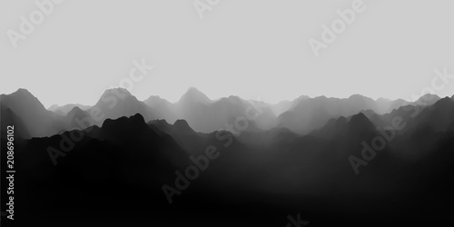 HDRI map, spherical environment panorama background with foggy mountain range, light source rendering (3d equirectangular rendering)