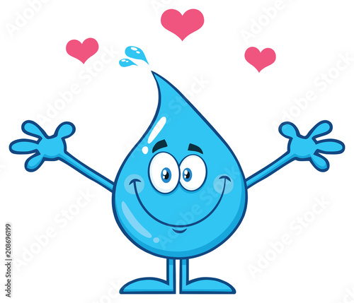 Cute Blue Water Drop Cartoon Mascot Character With Open Arms For Hugging And Hearts. Vector Illustration Isolated On White Background