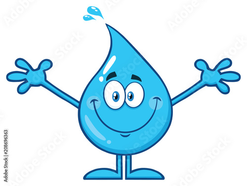 Cute Blue Water Drop Cartoon Mascot Character With Open Arms. Illustration Isolated On White Background