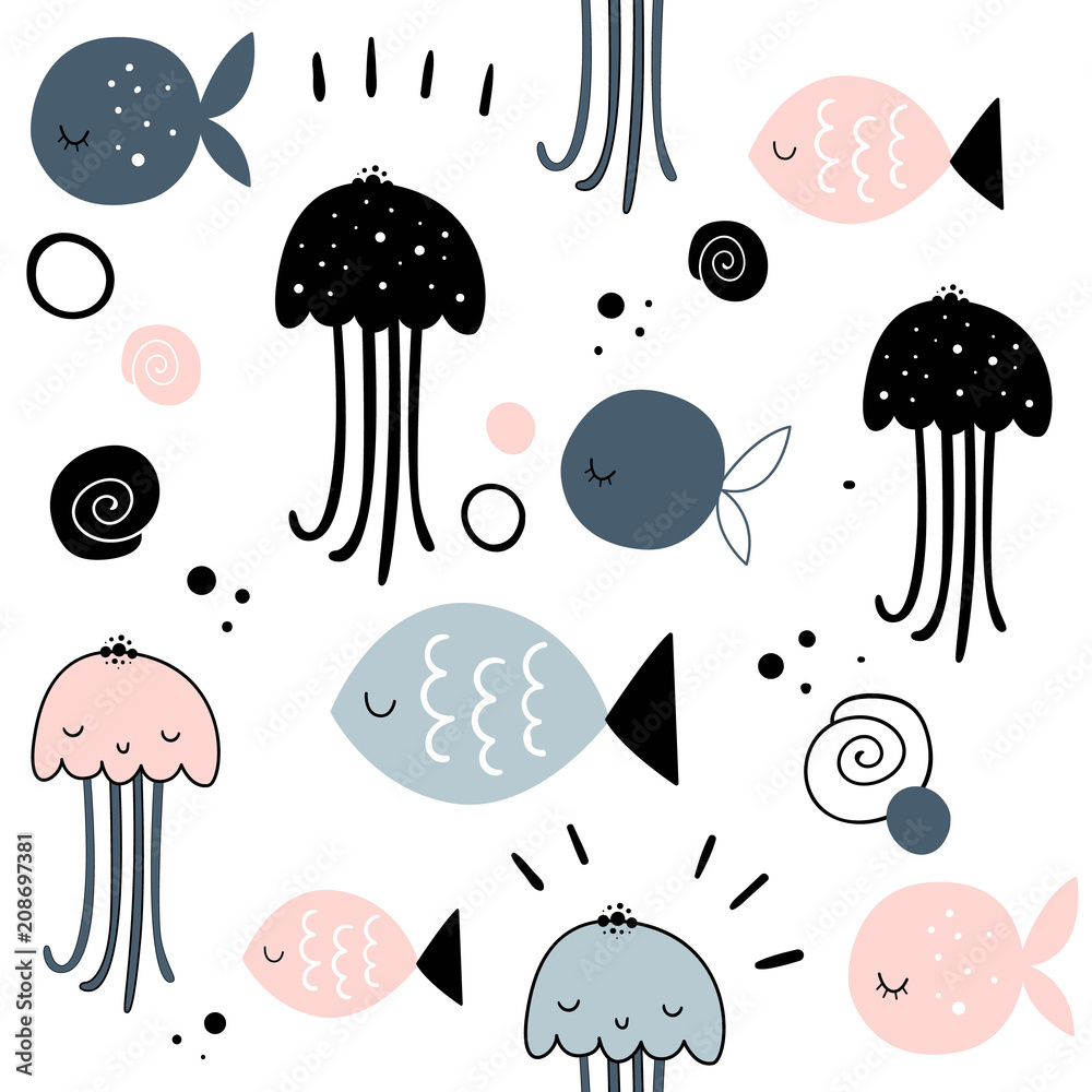 Vector seamless pattern with jellyfish. Baby print. Scandinavian motives. Vector seamless pattern with jellyfish. Baby print. Scandinavian motives.