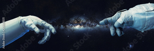 Fotografie, Obraz astronaut hands in outer space, spacesuit gloves with the Milky Way galaxy