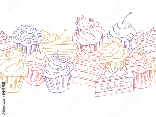 Muffin dessert graphic color sketch seamless pattern background illustration vector