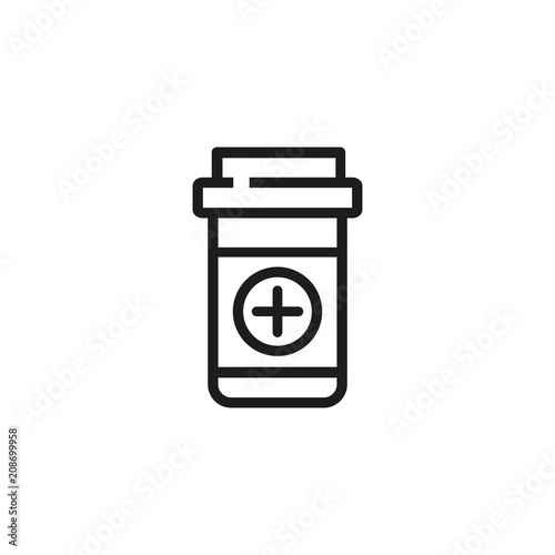 Painkiller in pill bottle line icon. Cross, prescription, container. Pharmacy concept. Vector illustration can be used for topics like medicine, healthcare, cure, drugstore
