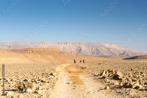 Trekking in Negev dramatic stone desert, Israel