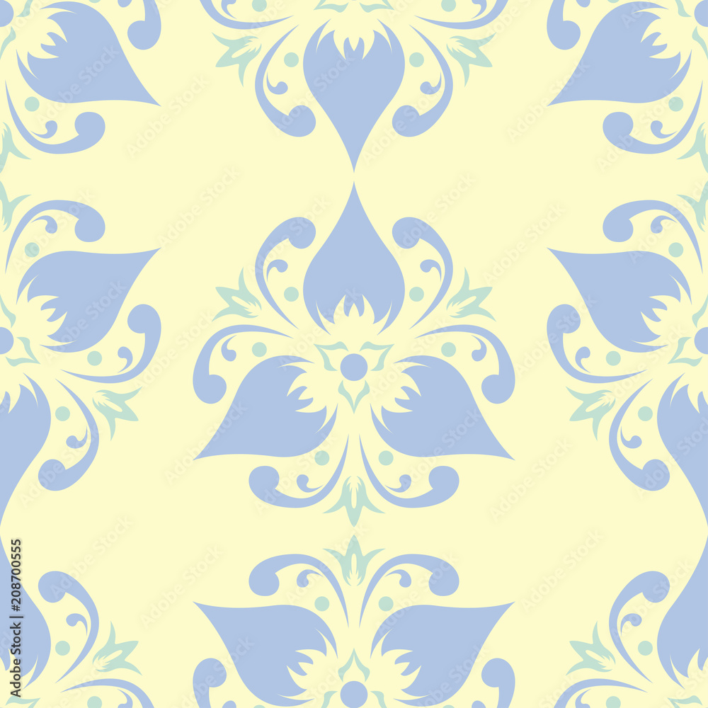 Fototapeta premium Floral seamless pattern. Beige background with light blue and green flower elements