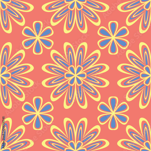 Flower design seamless pattern. Bright yellow and blue flower elements on salmon red background © Liudmyla