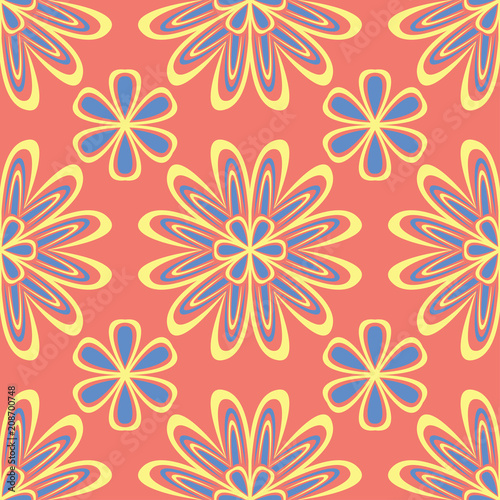 Flower design seamless pattern. Bright yellow and blue flower elements on salmon red background