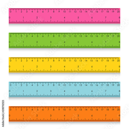 Set of multicolored school measuring rulers with centimeters and inches. Vector illustration
