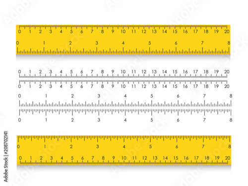 School measuring ruler with centimeters and inches. Size indicators with different unit distances. Vector illustration