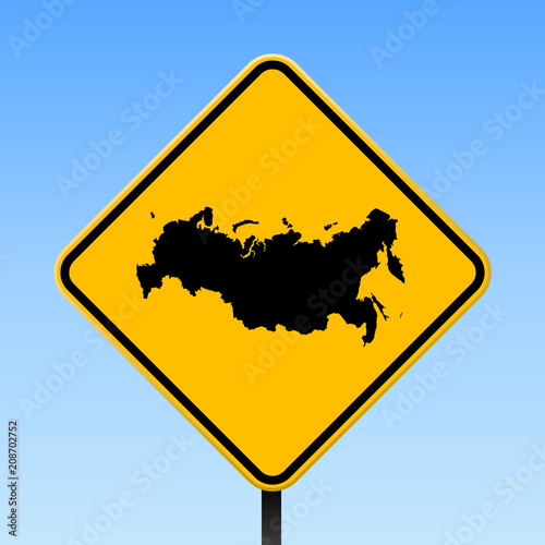 Russia map on road sign. Square poster with Russia country map on yellow rhomb road sign. Vector illustration.
