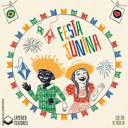 Happy multiracial hick couple waving - Brazilian June Party with diversity. Detailed vector for june party themes. Removable wood texture. Made in Brazil with love.