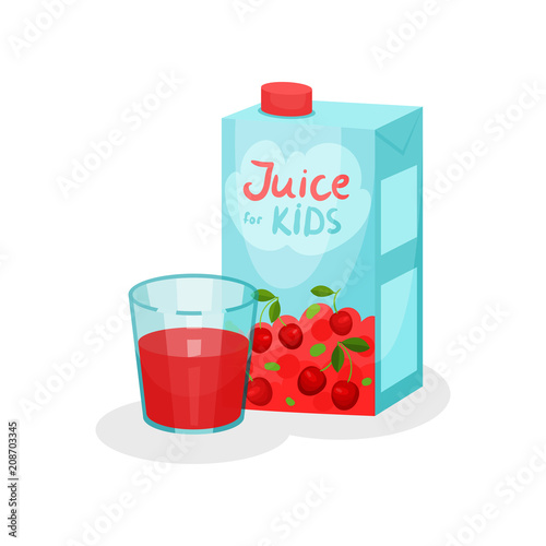 Flat vector icon of cardboard pack and glass of tasty cherry juice. Delicious and sweet beverage for kids. Natural drink for children