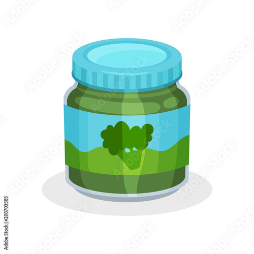 Glass jar of natural baby food. Vegetable puree from organic broccoli. Healthy meal for kids. Flat vector icon