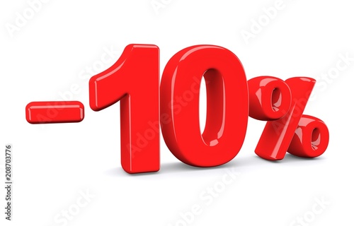 10 percent off discount sign. Red text is isolated on white. 3d render