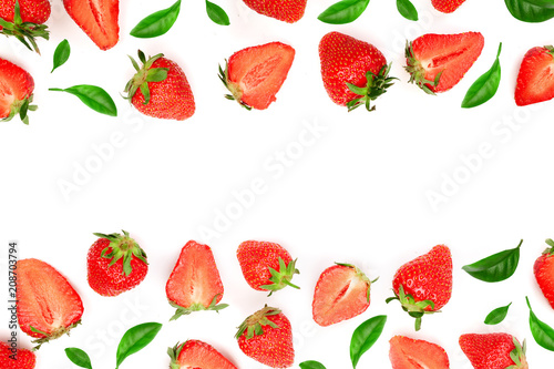 Strawberries decorated with leaves isolated on white background with copy space for your text. Top view. Flat lay